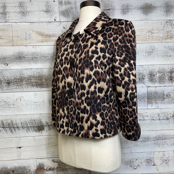 Tahari Brown Leopard Print Jacket Blazer Size 6 S Cropped Lined Y2K Holiday Coat - Picture 3 of 10